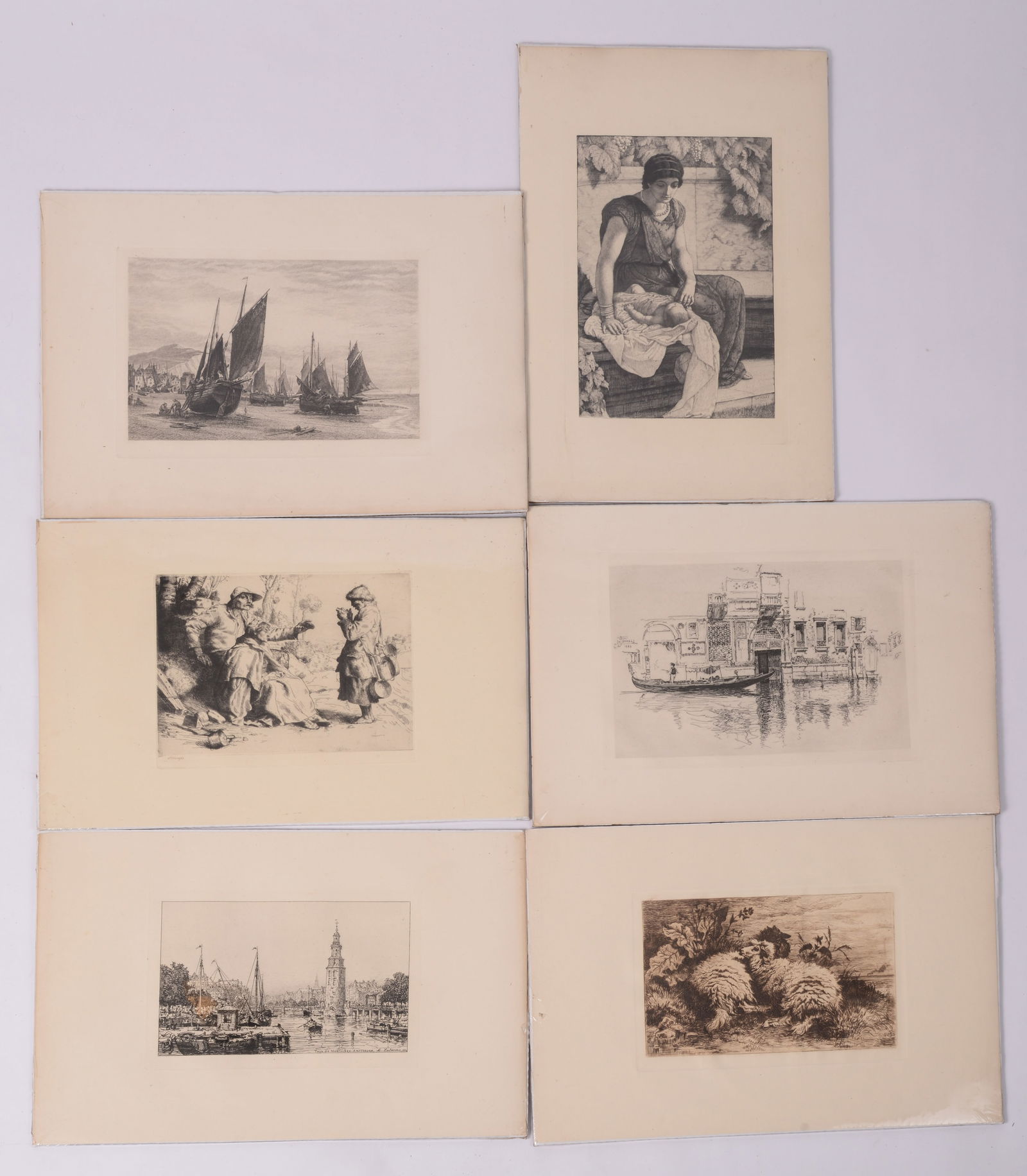 SIX EUROPEAN ETCHINGS.: Including “The First Born” by Thomas Riley, “Tinkers” by William Strang, “Tour de Montalban, Amsterdam” by Maxime LaLanne, “Fishing Boats at Hastings” by James Dobie, �