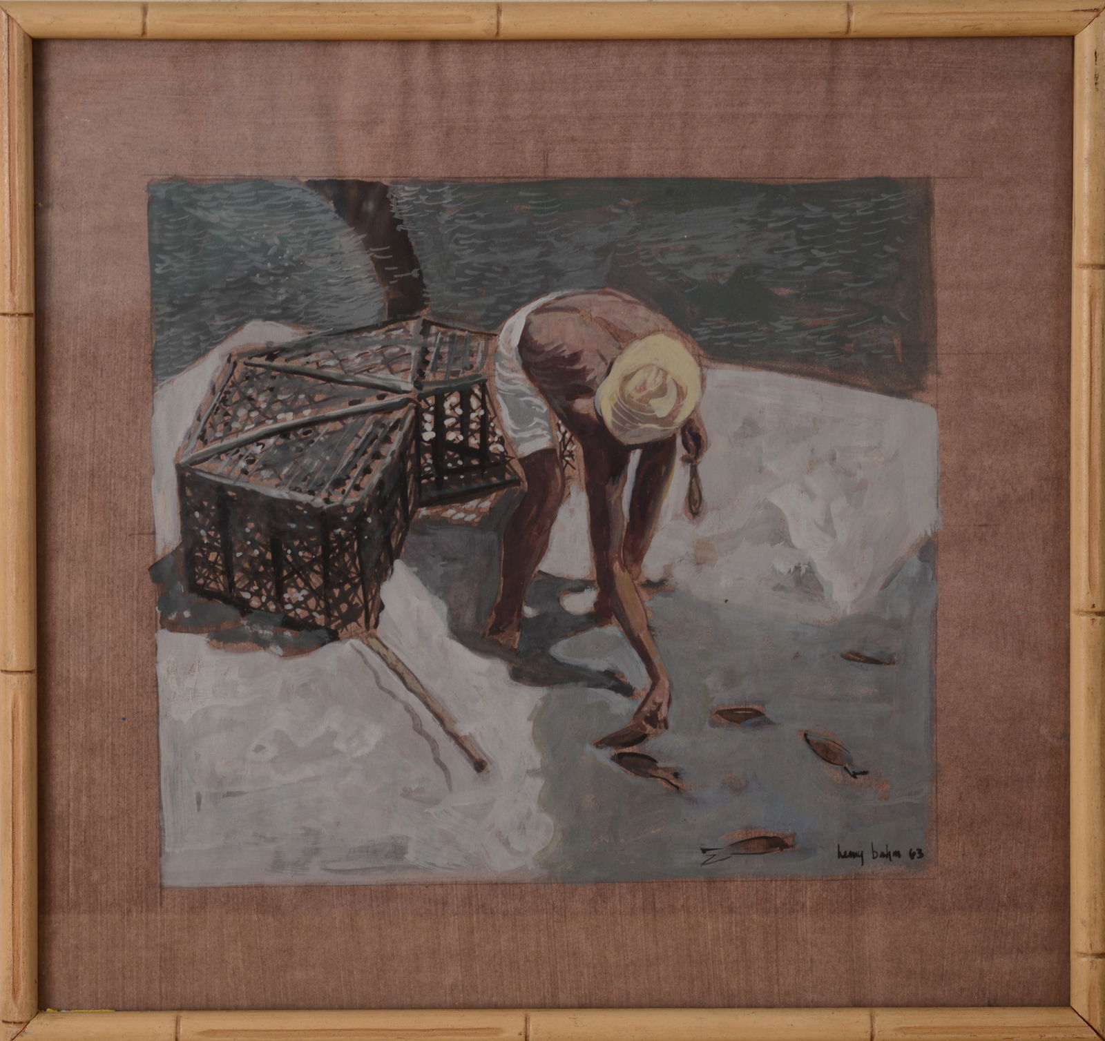 HENRY BAHM GOUACHE OF A FISHERMAN AND TRAPS. (1 of 3)