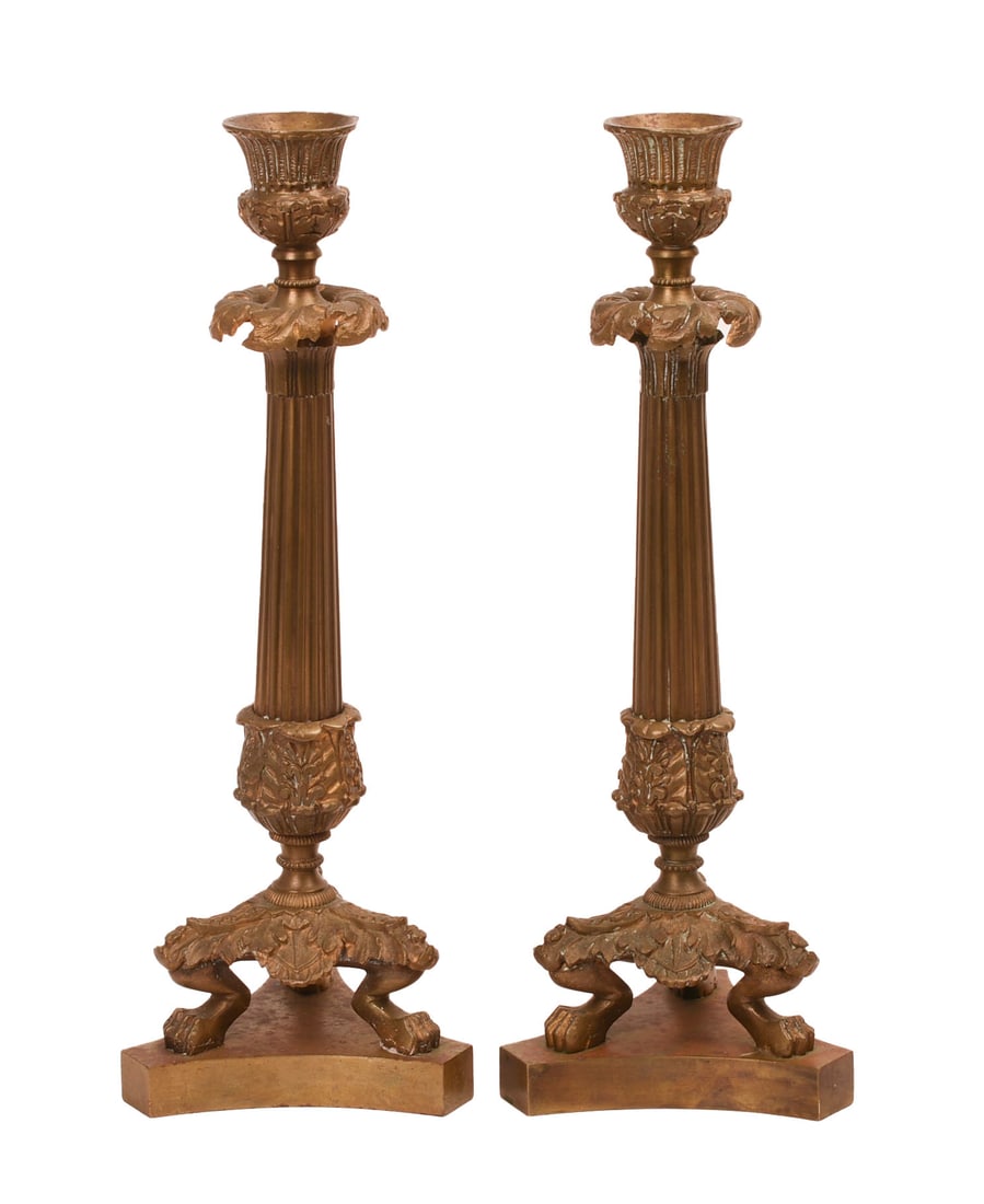 PAIR OF FRENCH EMPIRE STYLE BRONZE CANDLESTICKS. (1 of 3)