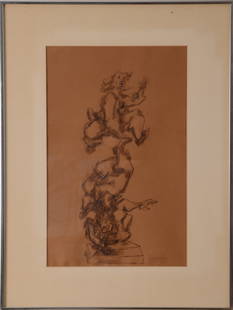 CHAIM GROSS (1904 - 1991). TOTEM POLE, 1938.: Ink & Gouache, 17 x 10.5 inches, sight, signed lower right. Framed, 24 x 18 inches.
