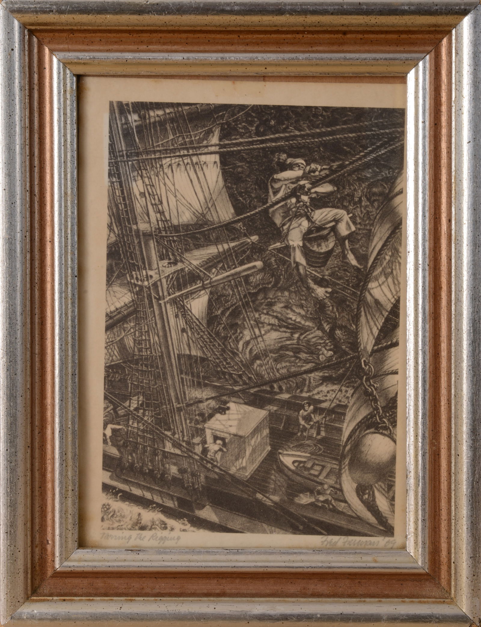20TH CENTURY RIGGING ENGRAVING.: Pencil signed, framed, 8.5 x 6.5 inches.