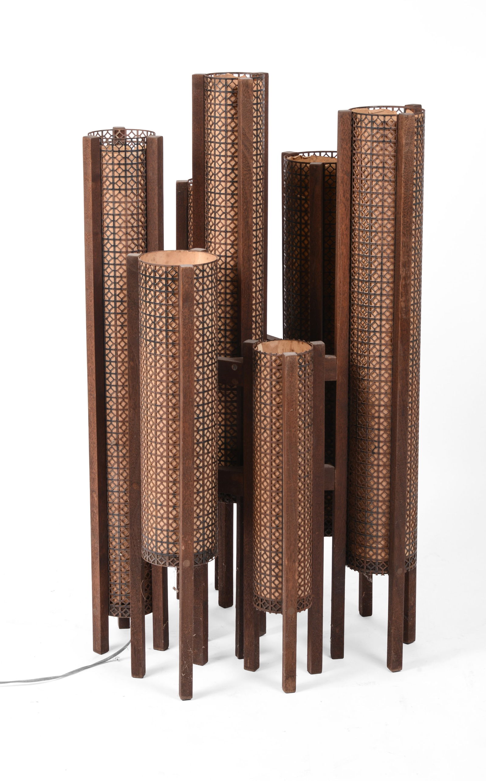 Mid Century Modern Chandelier.: Height 36 inches, width 21 inches, depth 20 inches. Some tears to paper. All electrical fixtures sold as is, we recommend rewiring.