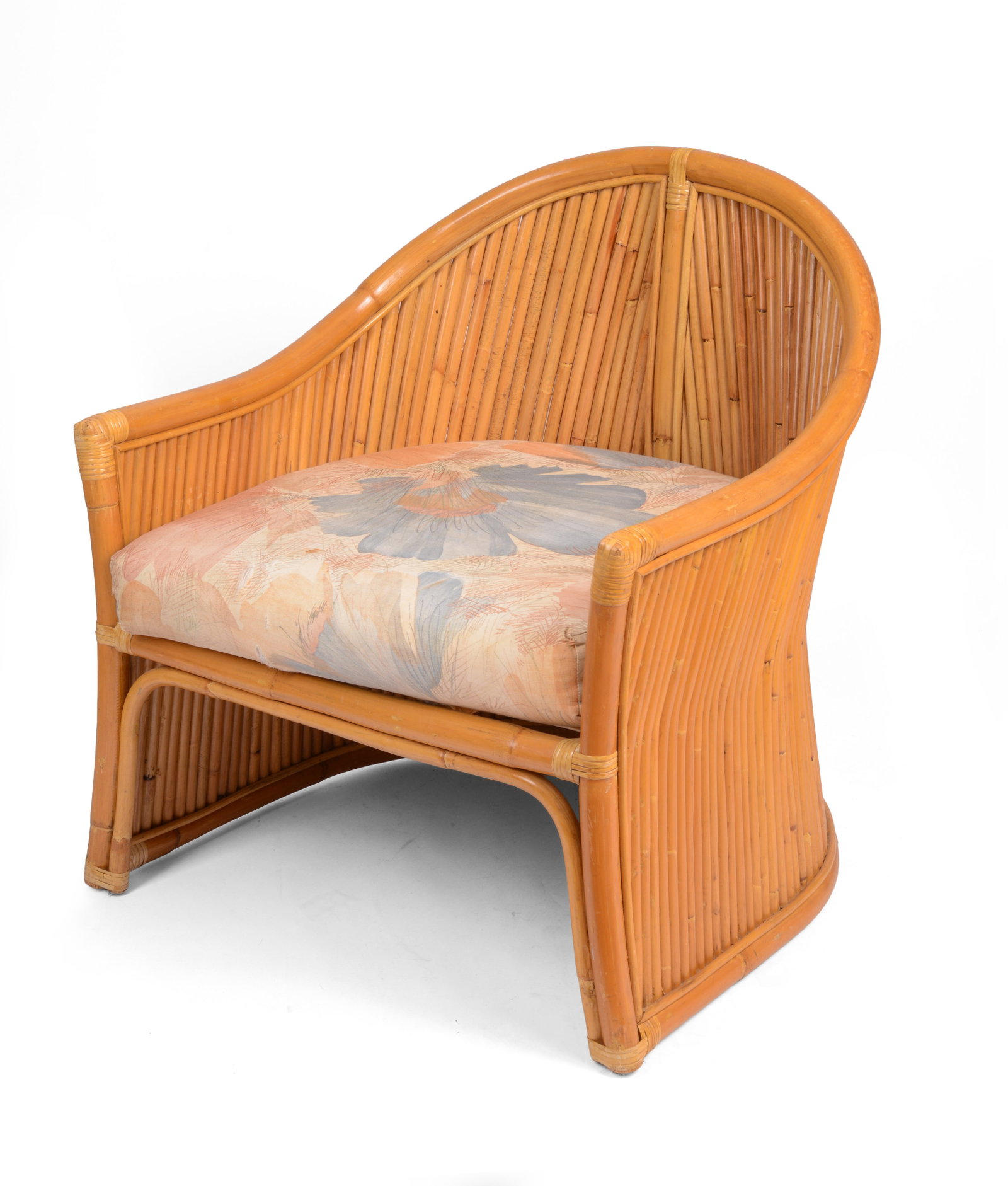 Mid Century Bamboo Club Chair.: Seat height 18 inches, overall height 31 inches, width 29 inches, depth 226 inches. A few tears to cushion, minor wear to chair.