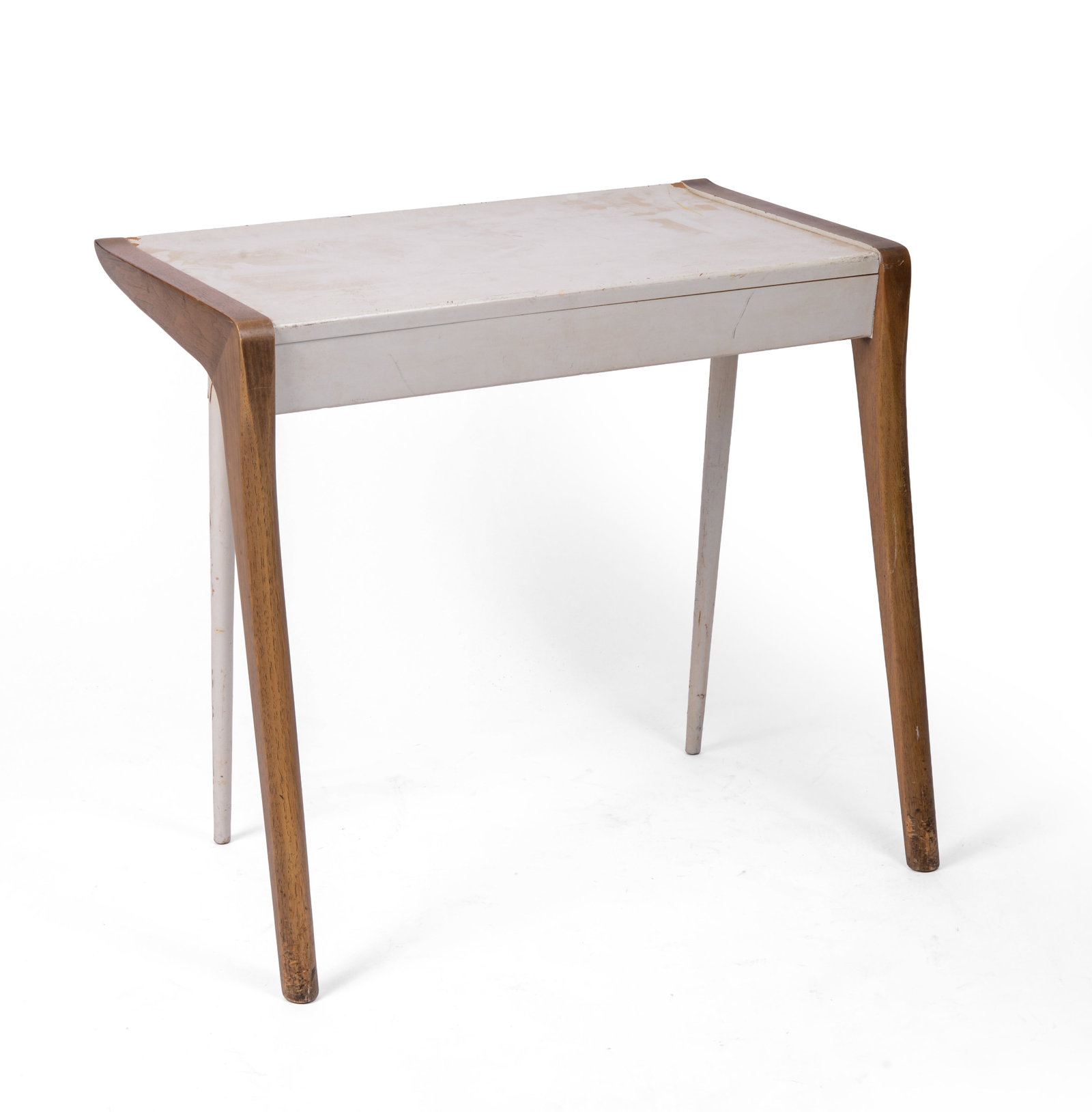 Small Mid Century Modern Table.: Height 23 inches, width 25.5 inches, depth 15 inches. Some losses to finish.