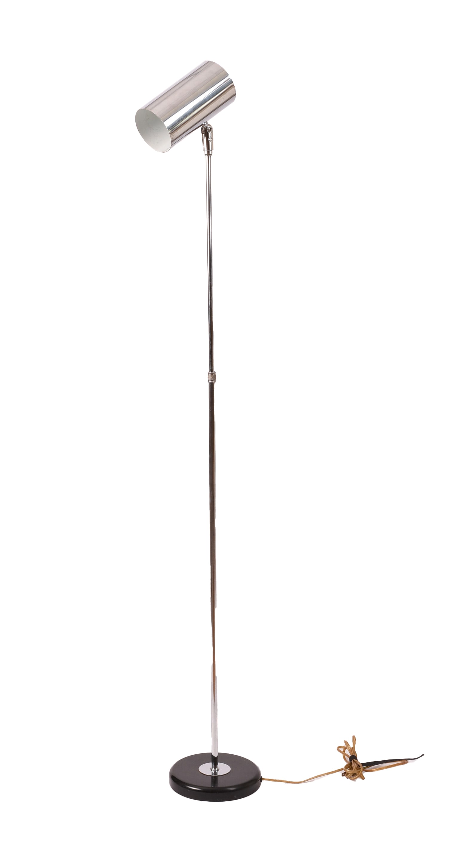 Mid Century Prestige Chrome Floor Lamp.: Adjustable, max height 35 inches. Good condition, rewiring recommended.