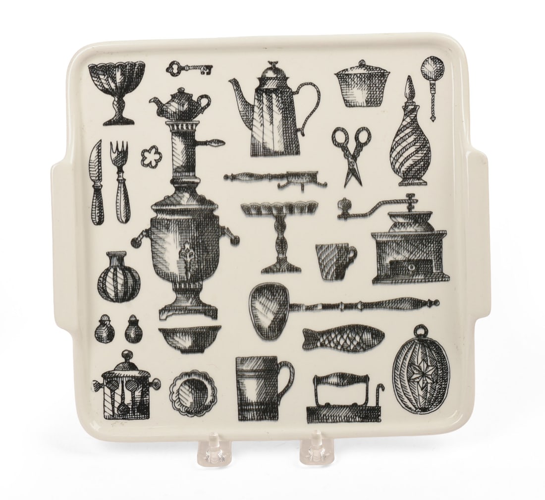 Kaj Franck Serving Tray for Arabia.: Decorated with antique kitchen utensils, Finland c. 1970, signed. 9 3/8 inches by 8.75 inches.