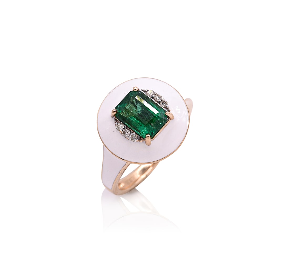 14K Yellow Gold Lady's Diamonds and Emerald Ring with White Enamel. (1 of 4)