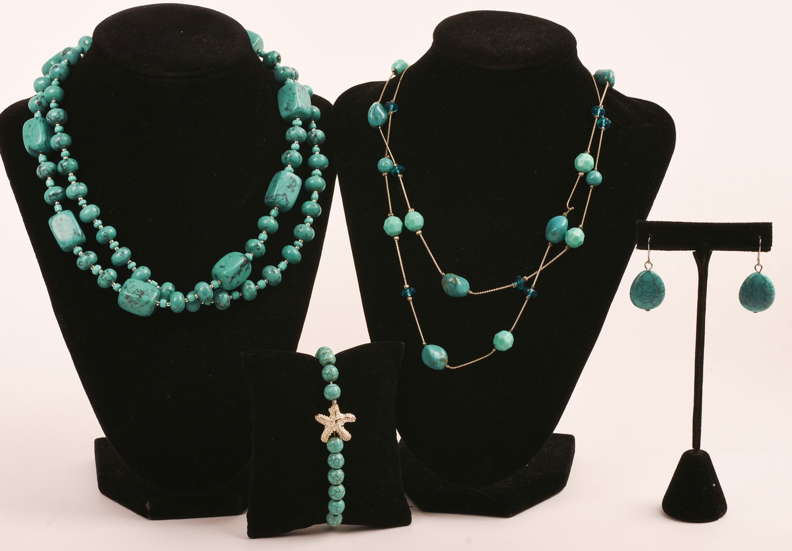 Turquoise Bead Necklaces and Bracelet Set: Including double strand necklace, long necklace length 34 inches and bracelet with starfish