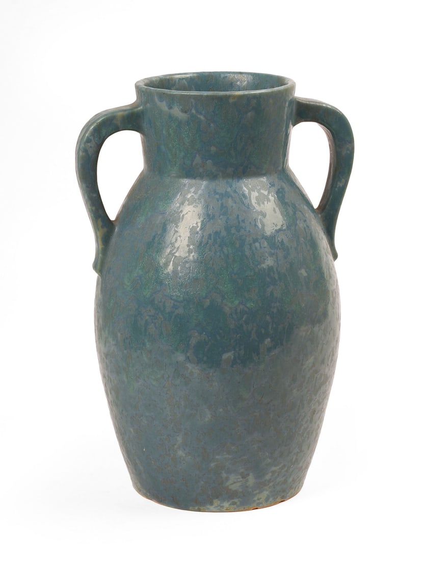 Roseville Pottery Carnelian II Vase.: Mottled turquoise glaze, shape #444-12, c. 1930. Height 12 inches.