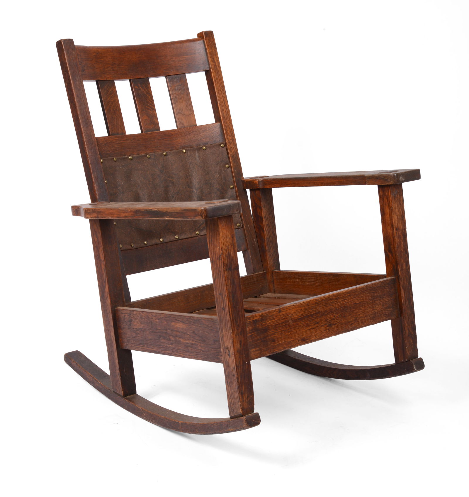 Stickley Brothers Quaint Furniture Oak Rocker.: Overall height 35 inches, width 28 inches. Lacking cushion, some surface loss.