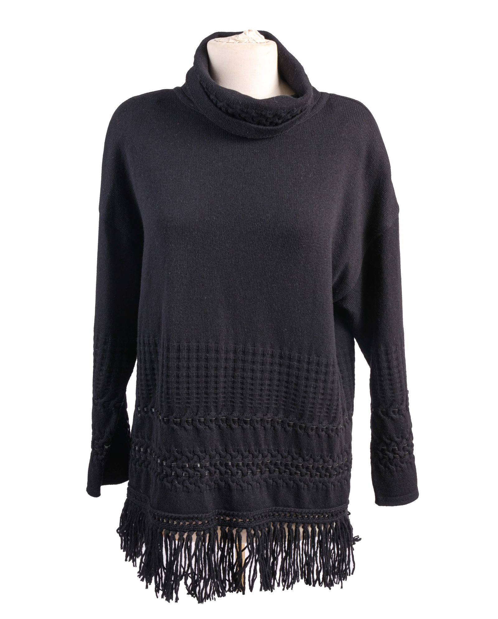 Escada Black Sweater.: Turtleneck with tassel hem, and woven leather details. Size 34, length 29 inches. Good condition