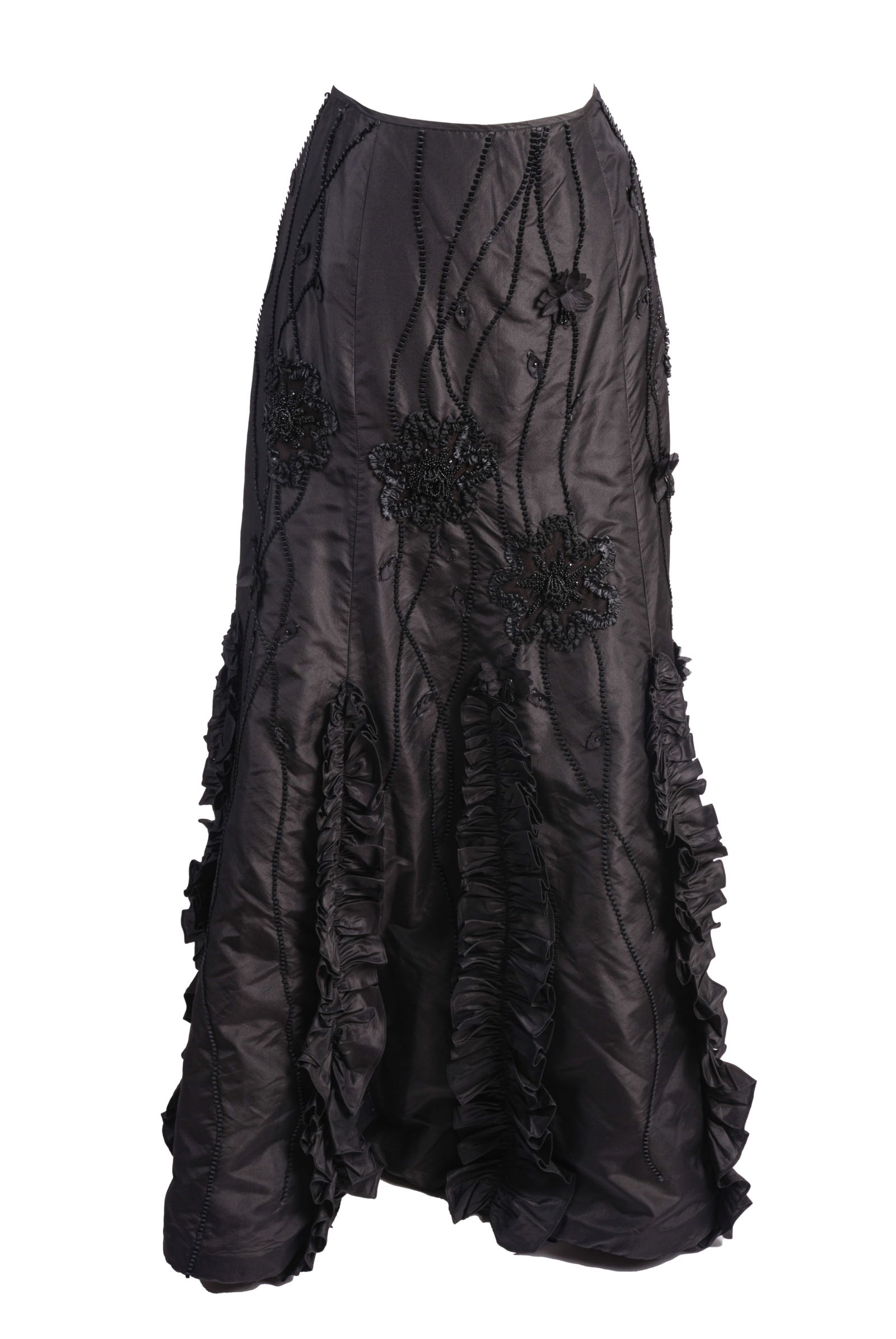 Melinda Eng Full Length Skirt.: Beading and fabric embellishments, possibly silk. Waist width 13 inches, length 41 inches. Good condition.