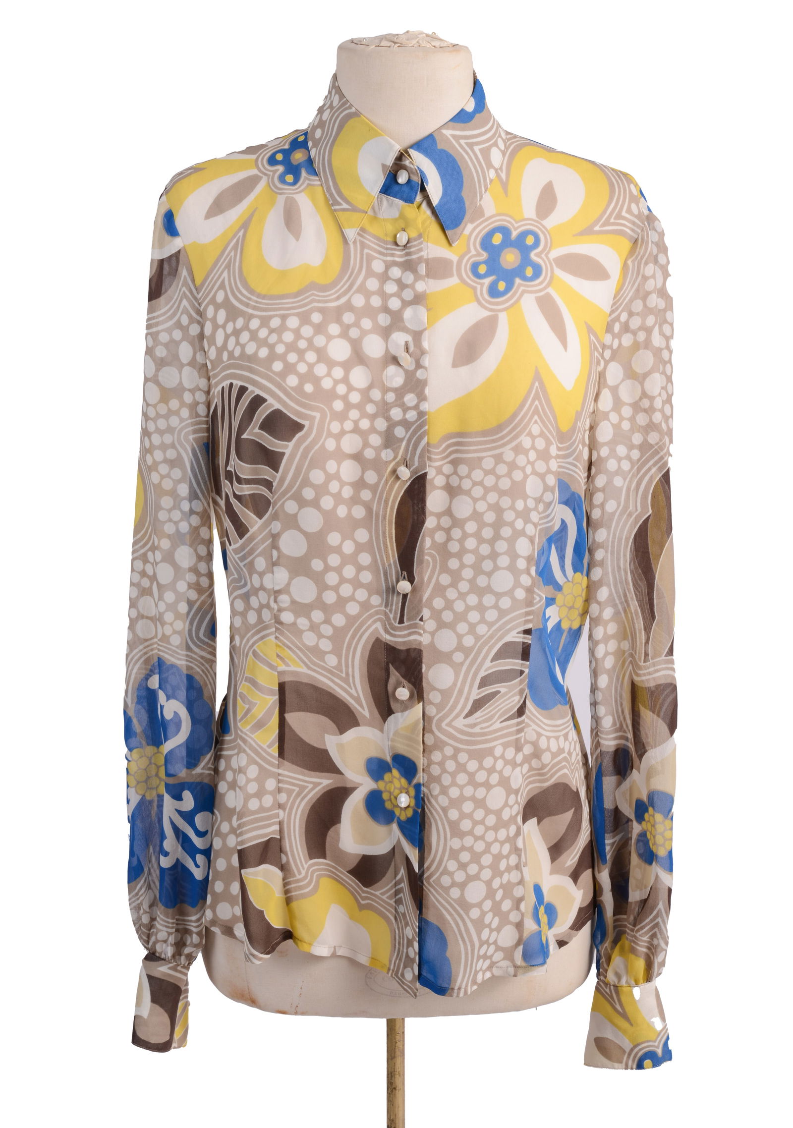Escada Sheer Silk Blouse.: Bold print flowers and dots, one extra button. Size 34, length 26 inches. Good condition.