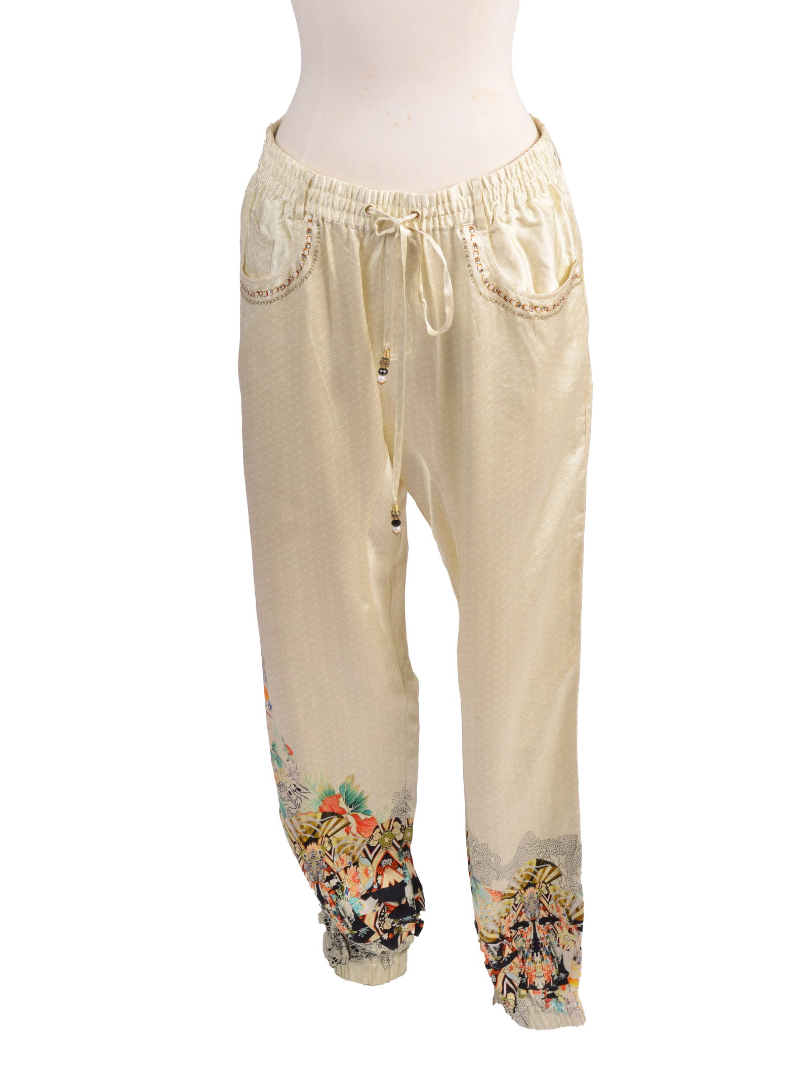 Camilla Silk Drawstring Pants.: Printed design on lower part of legs, rhinestone embellishments on pockets. Size S, inseam 25 inches. Good condition.