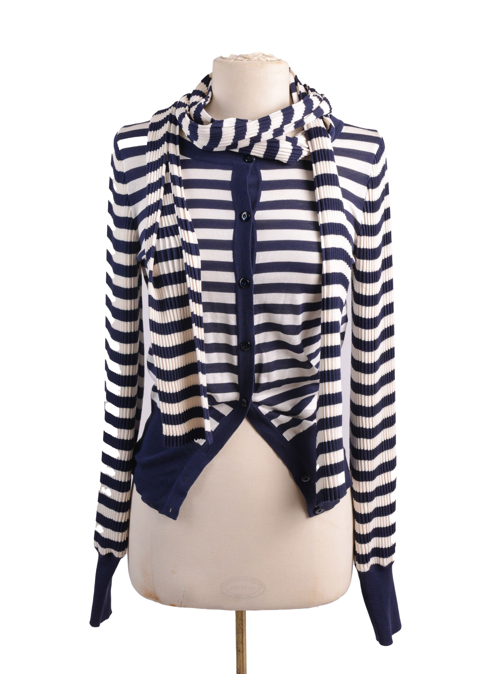 Escada Striped Cardigan and Matching Scarf.: With tags, silk blend. Accordion ribbing on arms and scarf. Size 34, length of sweater 25 inches, length of scarf 88 inches. Good condition.