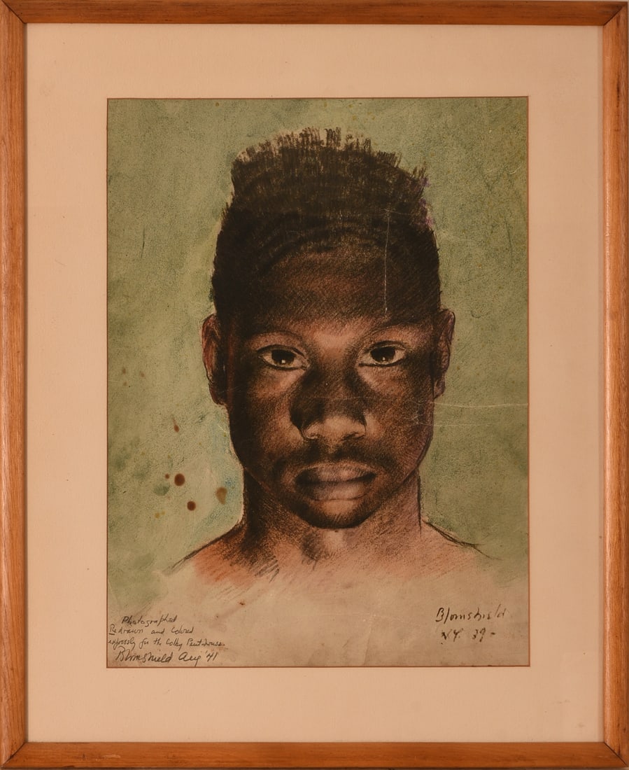 John Wesley Blomshield (1895 - 1953). Illustration From The Colby Penthouse.: Charcoal and conte crayon over photographic print, pencil signed, inscribed 'Photographed, redrawn and colored expressly for the Colby Penthouse, John Blomshield '41.' 17 x 12.5 inches, sight. Framed,
