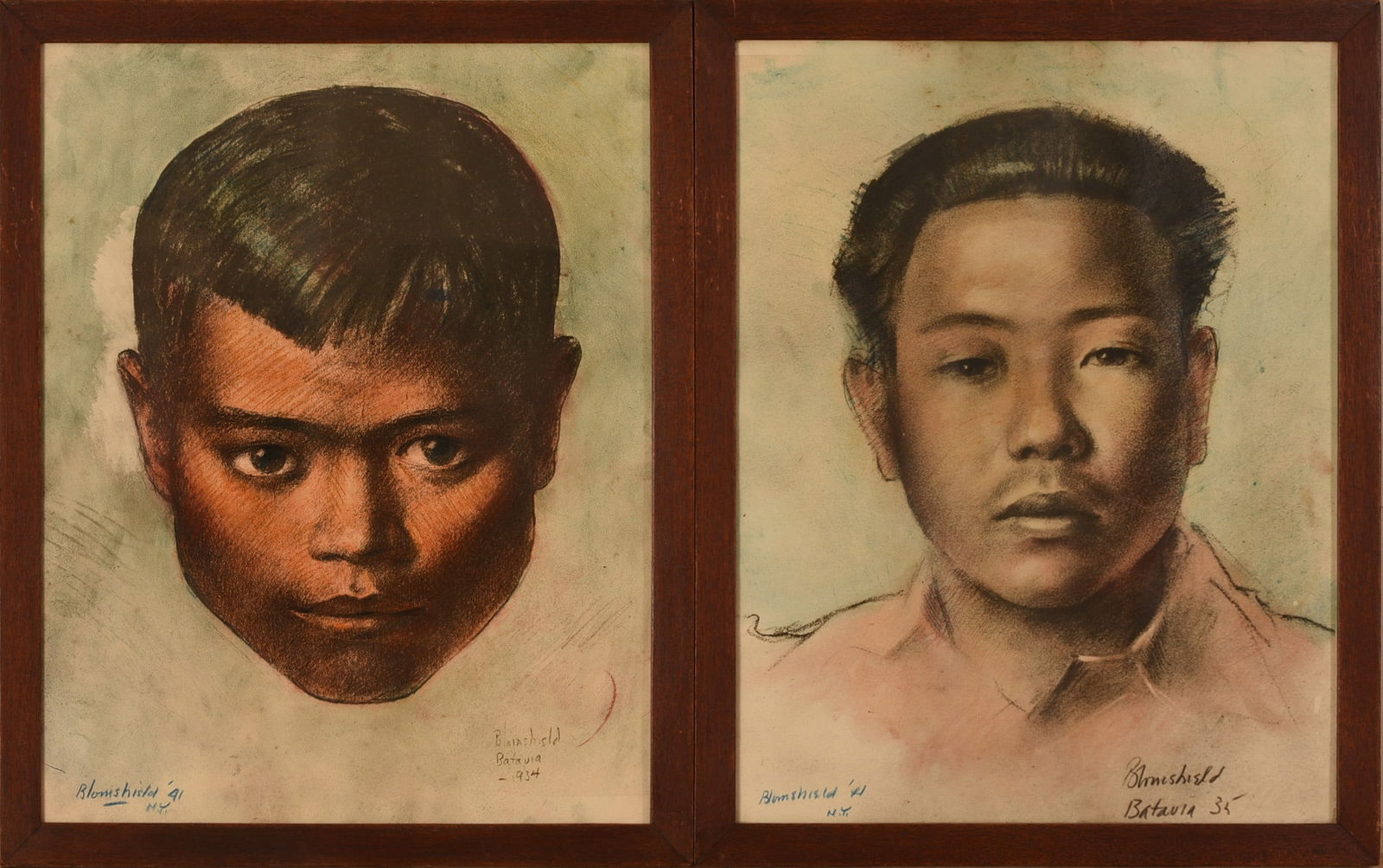 John Wesley Blomshield (1895 - 1953). Two Portraits.: Charcoal and conte crayon over photographic prints, pencil signed and dated 1941. Each framed, 21 x 17 inches.