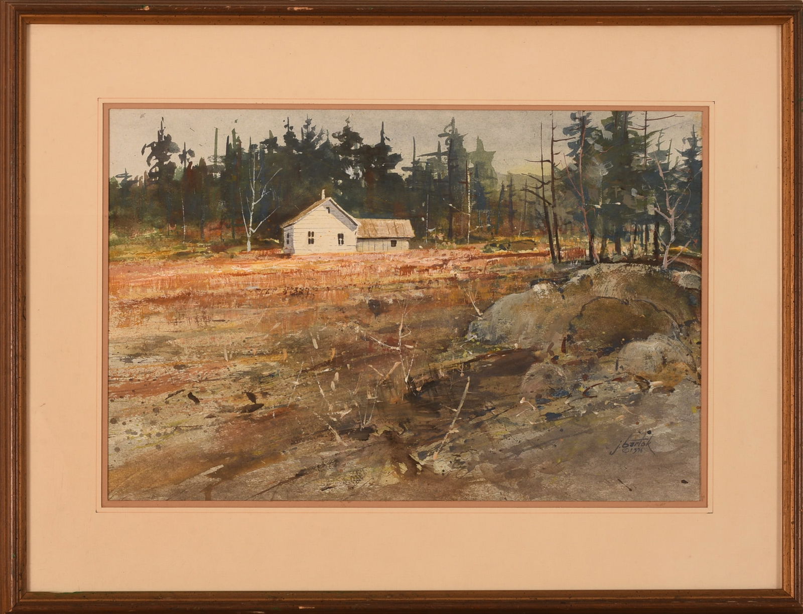 John Anthony Bartok (1938 - 2002 Maine). Down East Homestead.: By J. Bartok, Ogunquit, Maine, 1976. Signed & dated LR. Watercolor on paper, 13 1/2 x 21 inches, sight. Framed, 21 1/2 x 28 1/2 inches.