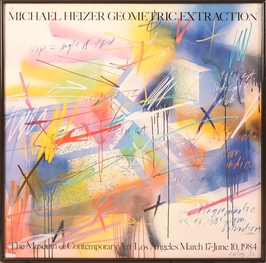 Michael Heizer Geometric Extraction Exhibition Poster.: 1984, offset lithograph, framed, 47 x 47 inches. Very good condition.