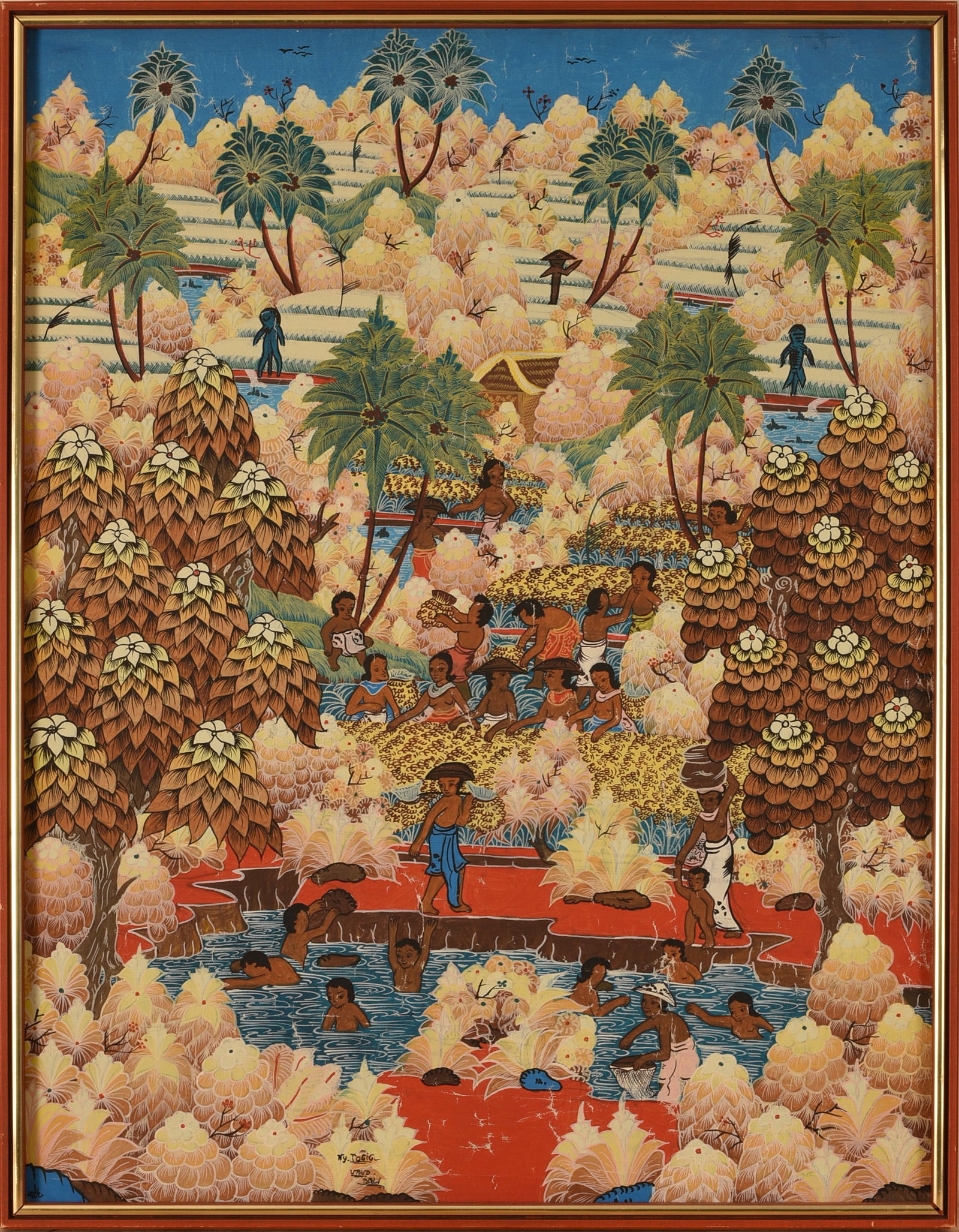 Balinese Painting With Bathing Figures.: Gouache on canvas, 34 x 27 inches, signed lower center. Some minor paint loss.