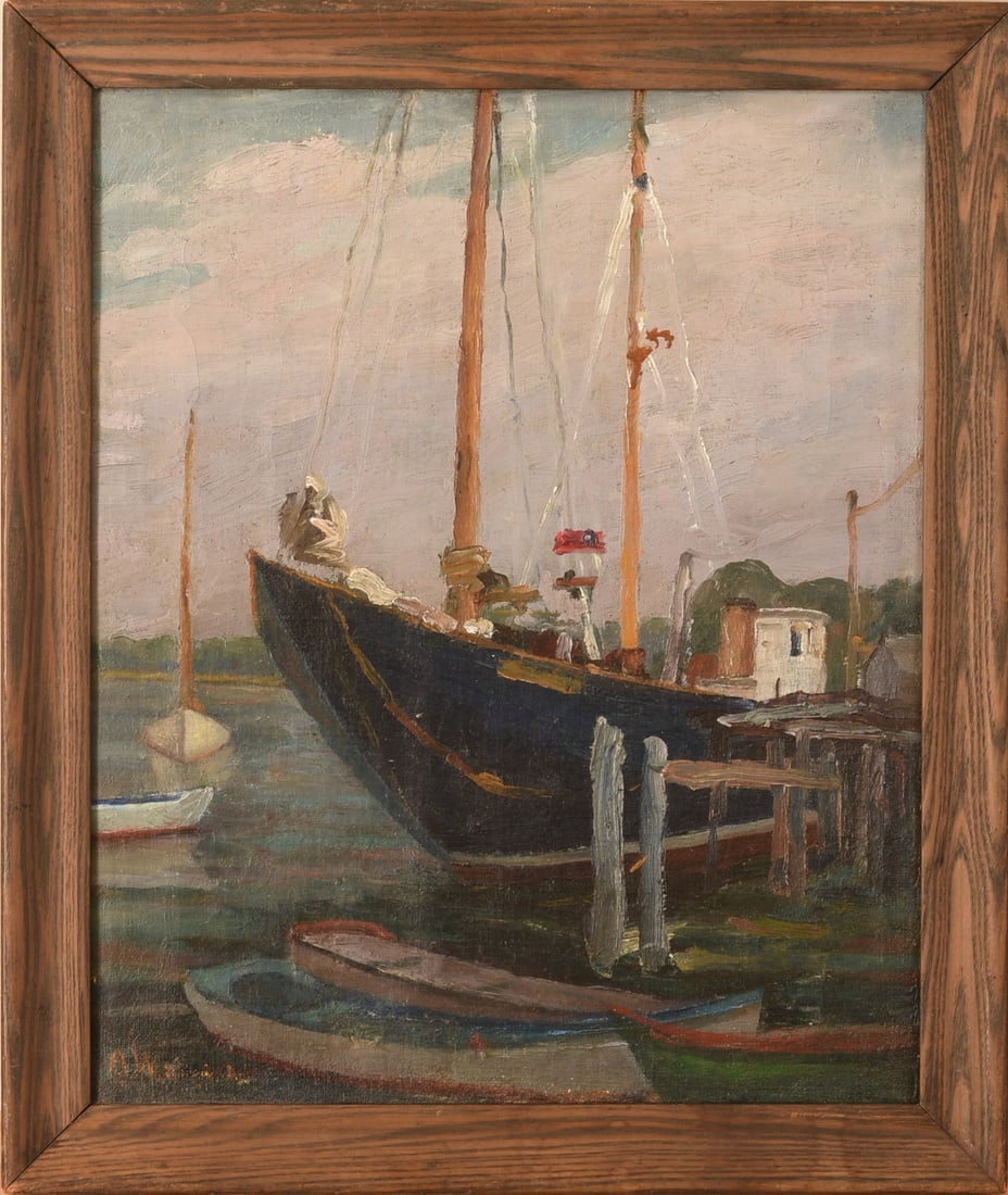 Gloucester School Painting of a Ship at Dock. (1 of 3)