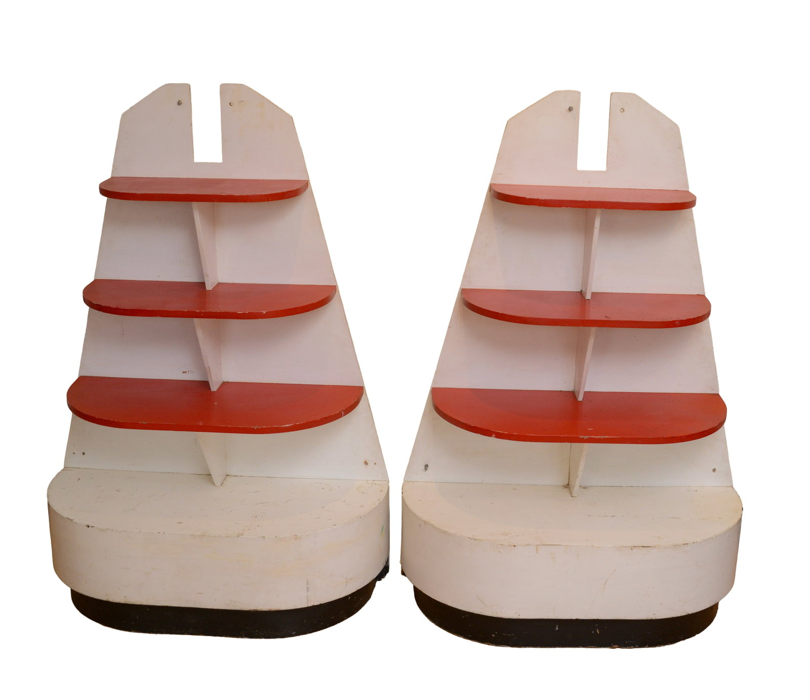 Pair of Mid Century Display Shelves.: Height 54 inches, width 36 inches, depth 14 inches. Some losses to surface.