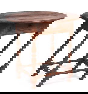 New England Round Top Tap Table.: With drawer. Height 26.5 inches, top 30 x 30.5 inches. Top appears to be original, with age cracks. Overall wear consistent with age, good condition. SHIPPING: We offer very competitively priced in