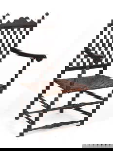 New England Bannister Back Armchair in Black Paint.: Seat height 17 inches, overall height 42 inches, width across arms 23 inches. Some wobble to chair, light overall wear, repaired break to bottom front stretcher. SHIPPING: We offer very
