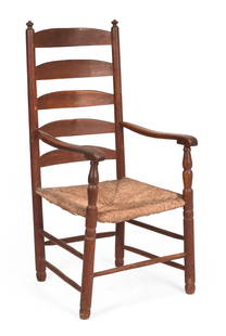 Early American Ladder Back Armchair.: Seat height 16 inches, overall height 44 inches, width across arms 19.5 inches. Some wobble, replaced break to top slat, some surface wear. SHIPPING: We offer very competitively priced in house