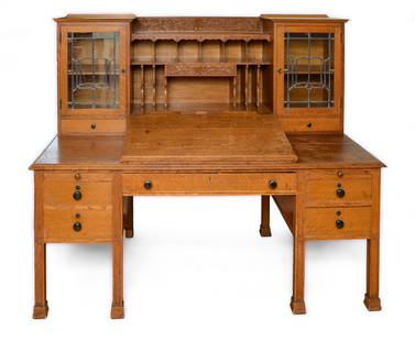 Large Arts & Crafts Oak Desk.: Height of writing surface 32 inches, overall height 55.5 inches, width 64 inches, depth 33 inches. Two back legs missing trim at bottom, some light scratches, a few cup rings. SHIPPING: We offer