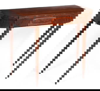 Massachusetts Hepplewhite Period Inlaid Card Table.: Height 30 inches, width 34.5 inches, depth 16 inches. A few small spots of missing veneer, overall condition very good. SHIPPING: We offer very competitively priced in house shipping for all items