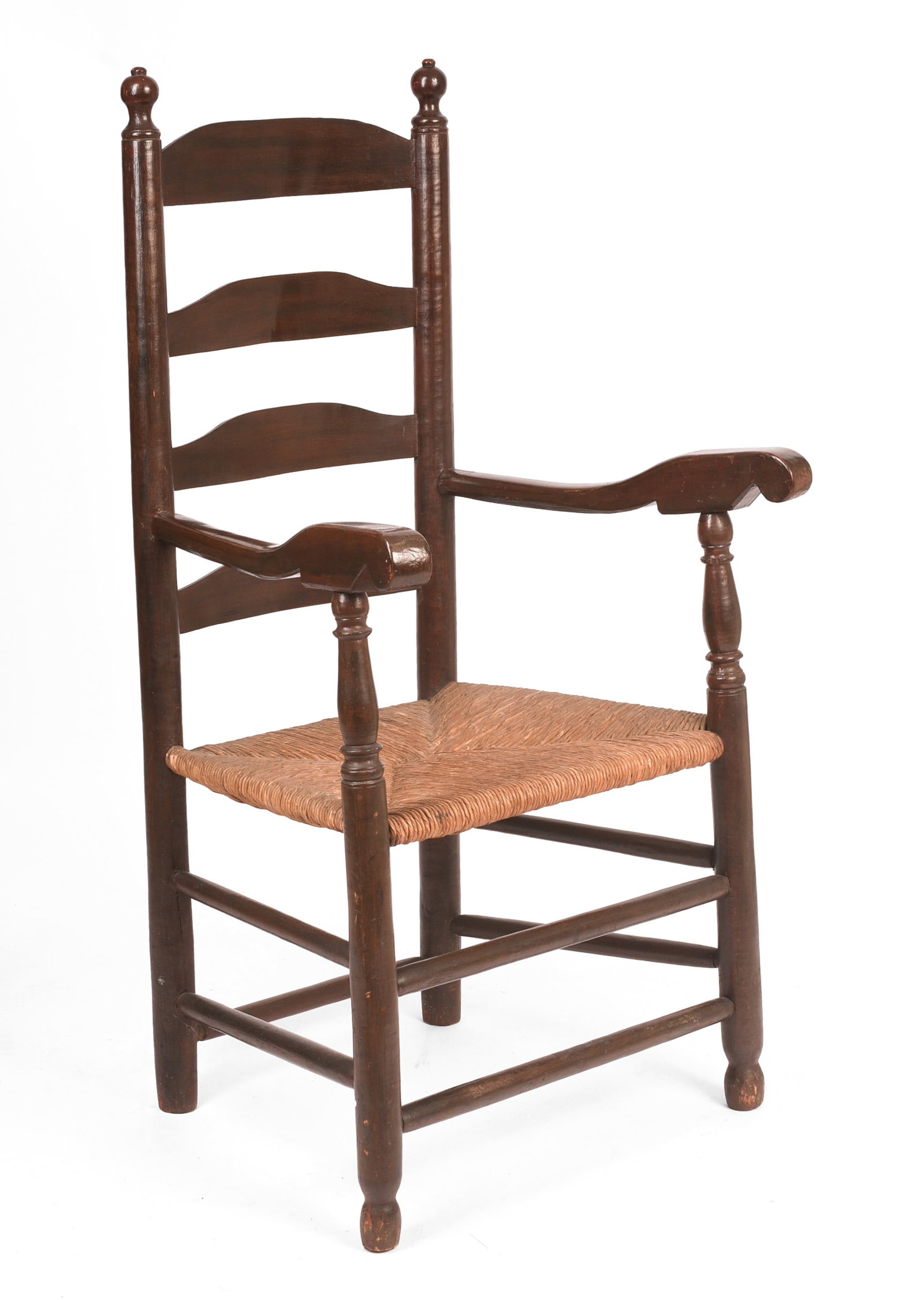 18th Century New England Ladder Back Armchair.: Seat height 16.5 inches, overall height 42 inches. Legs are cut down, later varnish. SHIPPING: We offer very competitively priced in house shipping for all items in this sale. Please contact us for a 