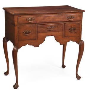 18th C. Queen Anne Tiger Maple Lowboy.: Having long drawer over three small drawers. Height 36 1/2 inches, width 35 3/4 inches, depth 19 3/4 inches. Newer top, likely a highboy base. SHIPPING: We offer very competitively priced in house shi
