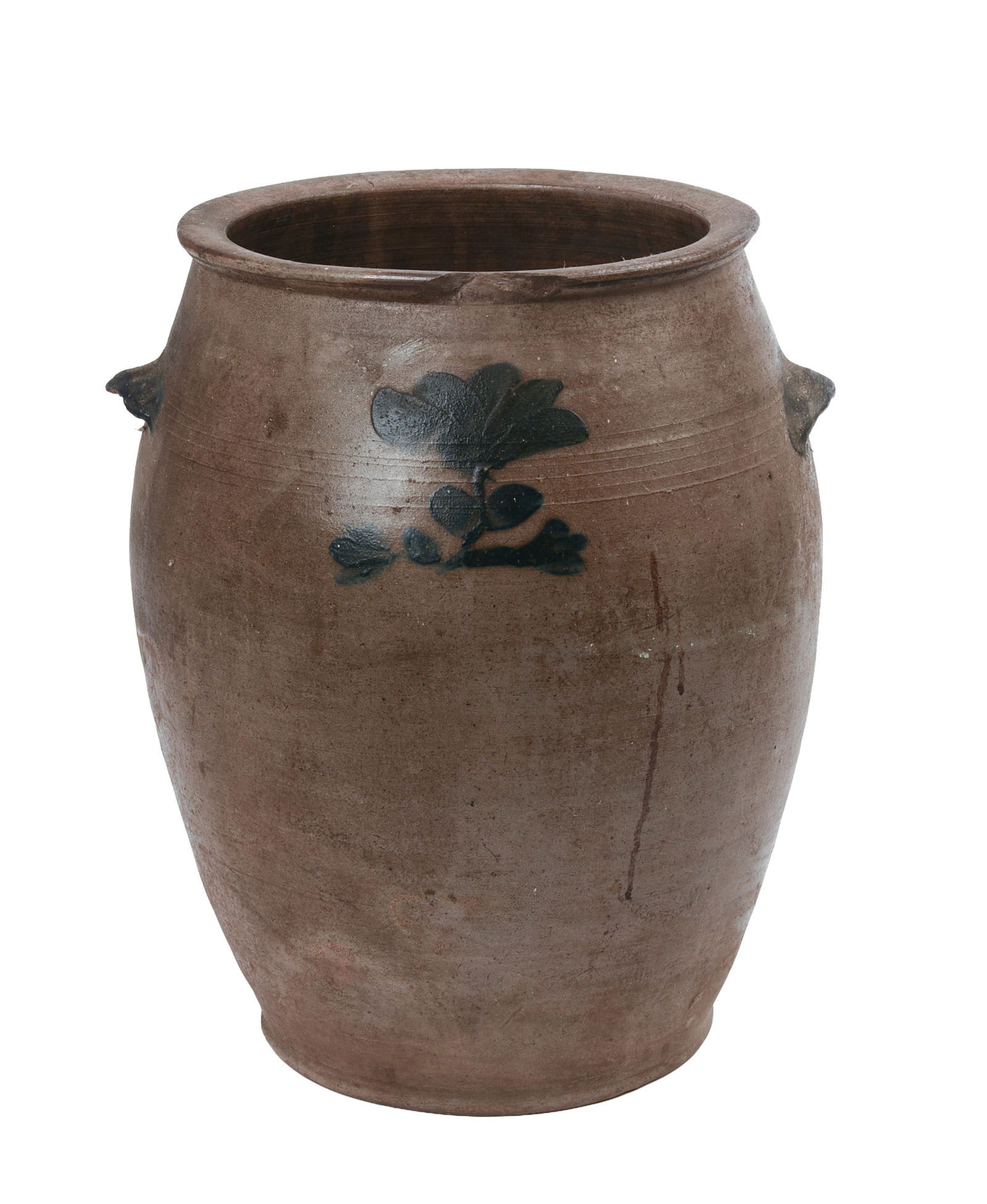 Stoneware Crock With Cobalt Blue Decoration.: Height 14 inches. Chips to rims and handles. SHIPPING: We offer very competitively priced in house shipping for all items in this sale. Please contact us for a quote.