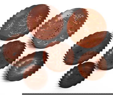 Six Early American Slip Decorated Redware Plates.: Diameters 6.25 to 10 inches. All with rim chips, two with loss to edges. SHIPPING: We offer very competitively priced in house shipping for all items in this sale. Please contact us for a quote.