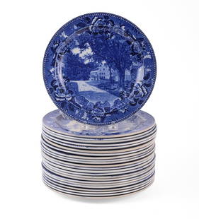 Twenty Four Historical Blue Wedgwood Plates.: Boston/Massachusetts subjects, 19th c. Diameter 9.25 inches. A few rim chips and hairline cracks. SHIPPING: We offer very competitively priced in house shipping for all items in this sale. Please cont