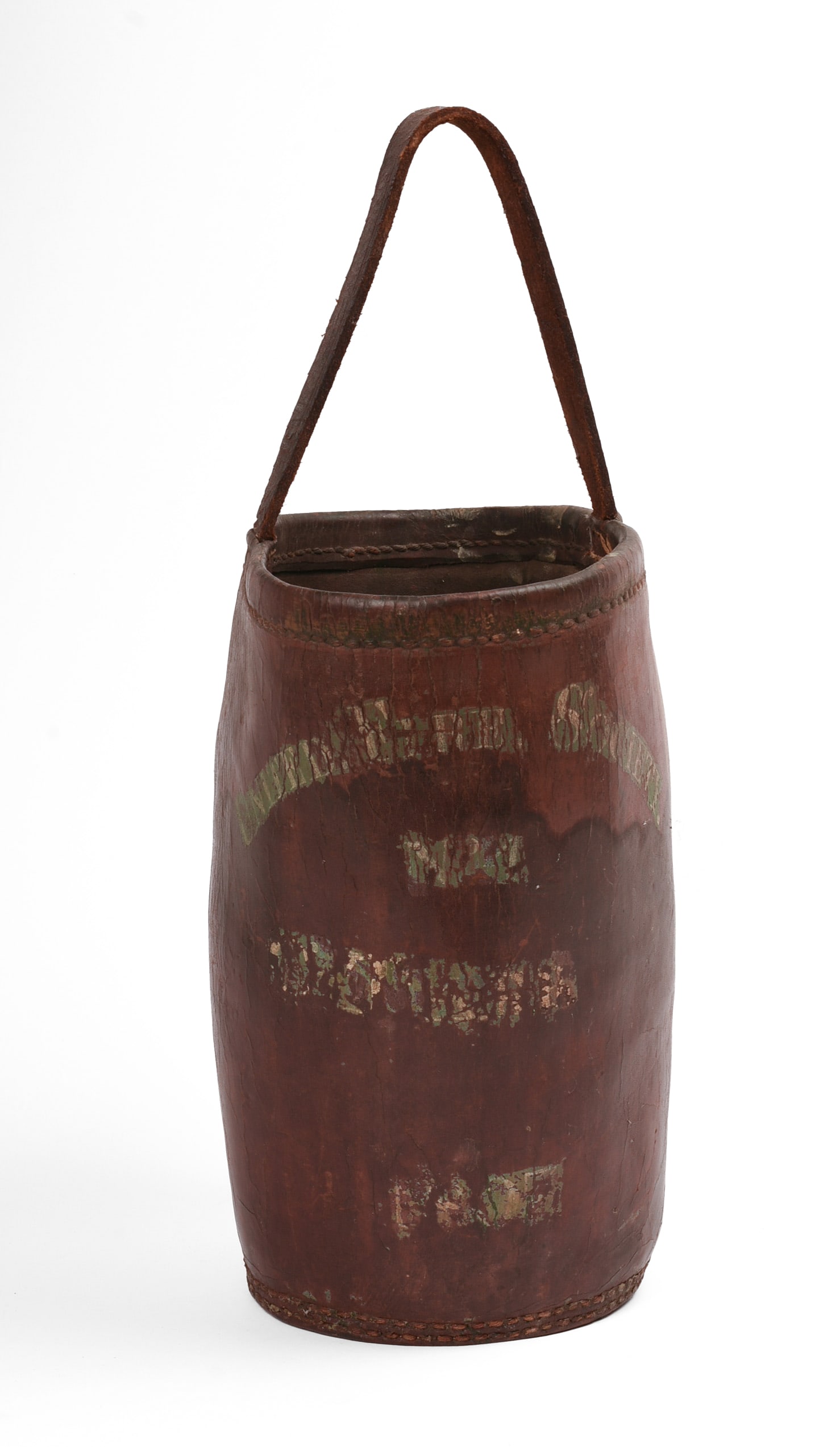 Leather Fire Bucket.: Height over handle 18 inches. Loss to paint, form is slightly compressed. SHIPPING: We offer very competitively priced in house shipping for all items in this sale. Please contact us for a quote.