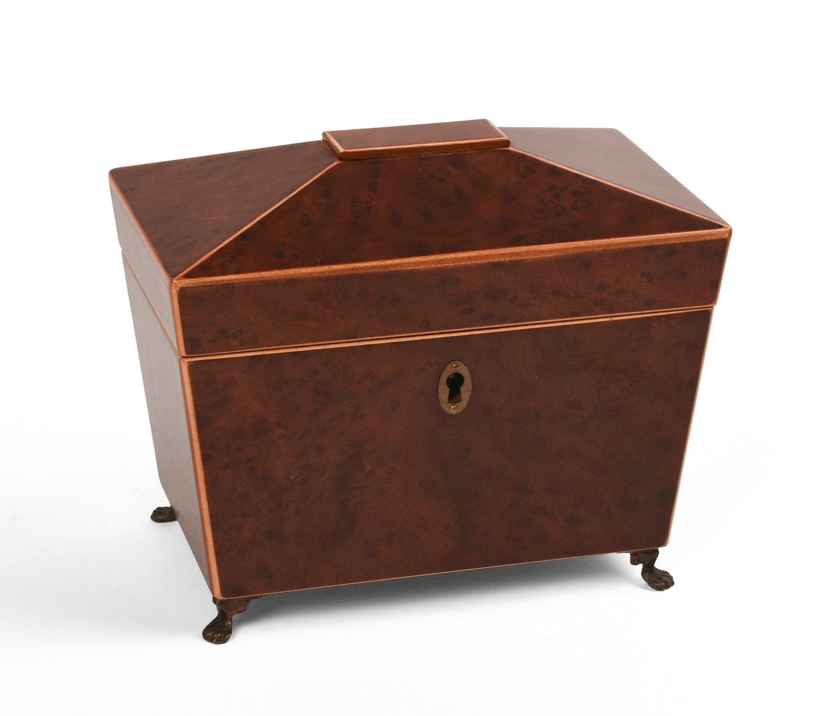 Burlwood Tea Caddy.: Height 6 inches, width 7 inches, depth 4 inches. Good condition. SHIPPING: We offer very competitively priced in house shipping for all items in this sale. Please contact us for a quote.