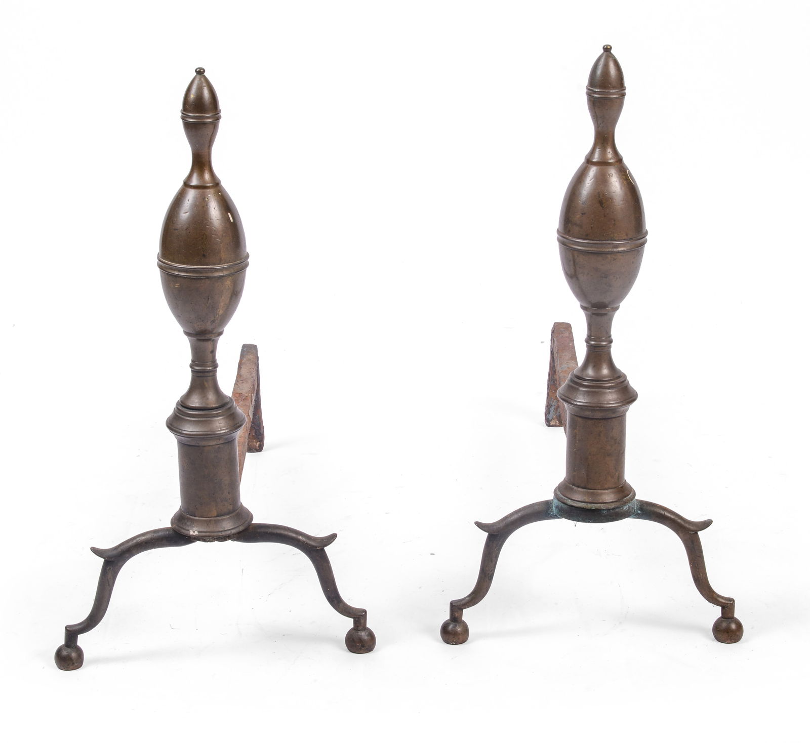 Pair of Early Lemon Top Brass Andirons.: Height 17 inches, depth 17 inches. SHIPPING: We offer very competitively priced in house shipping for all items in this sale. Please contact us for a quote.