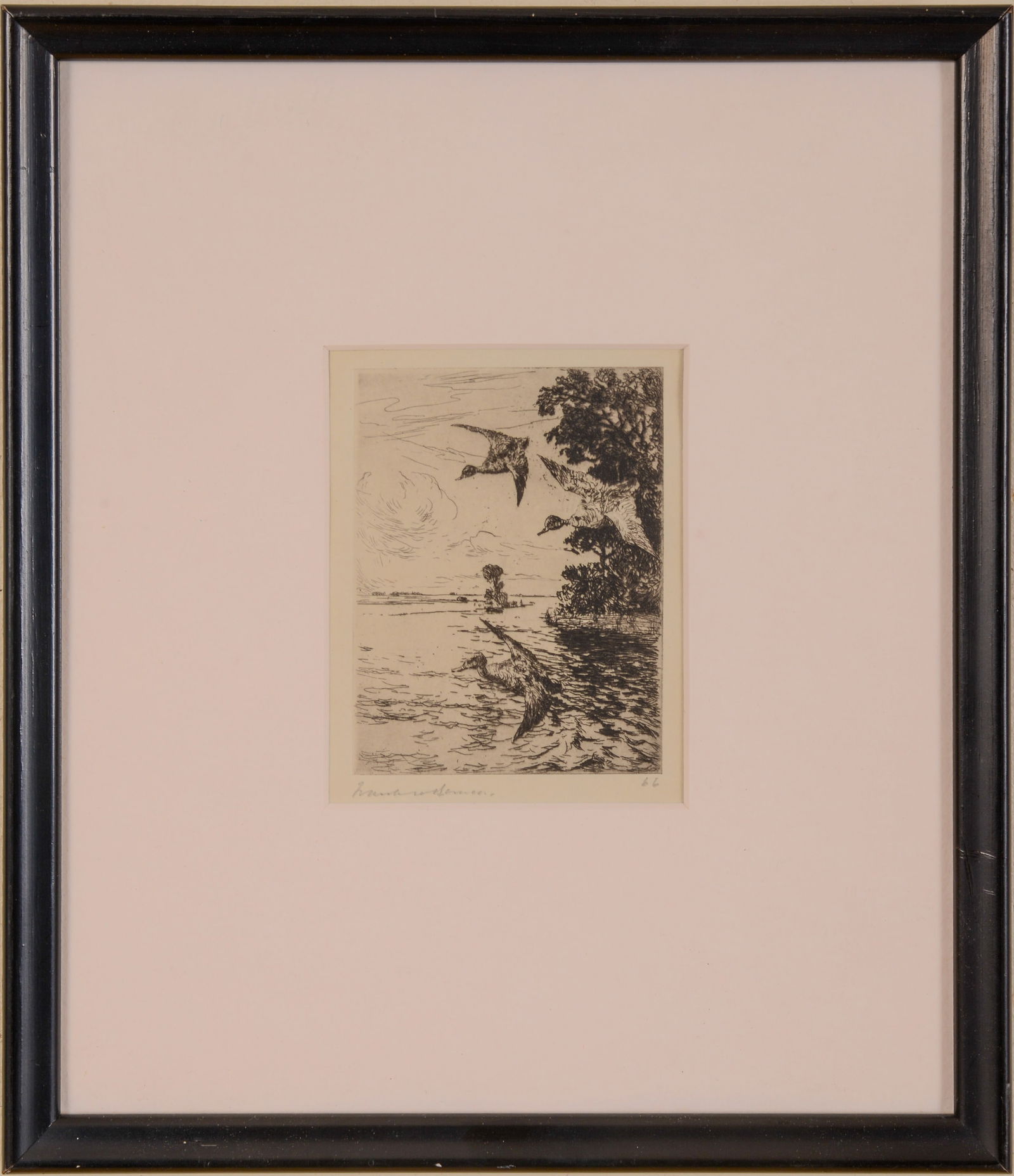 Frank Benson Pencil Signed Etching of Ducks Landing on Water. (1 of 3)