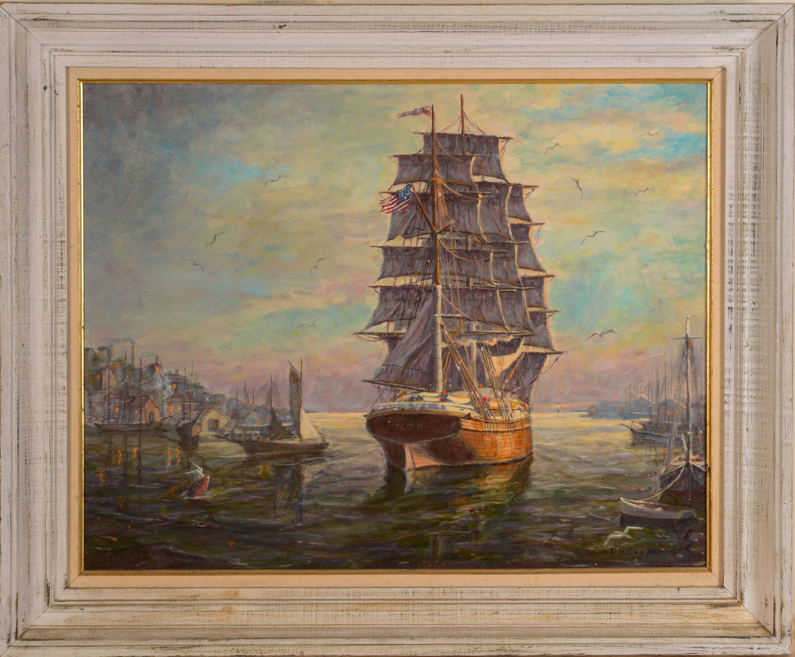 Philip H. Cooper (20th C.) American Ship Leaving Port Under Full Sail. (1 of 3)