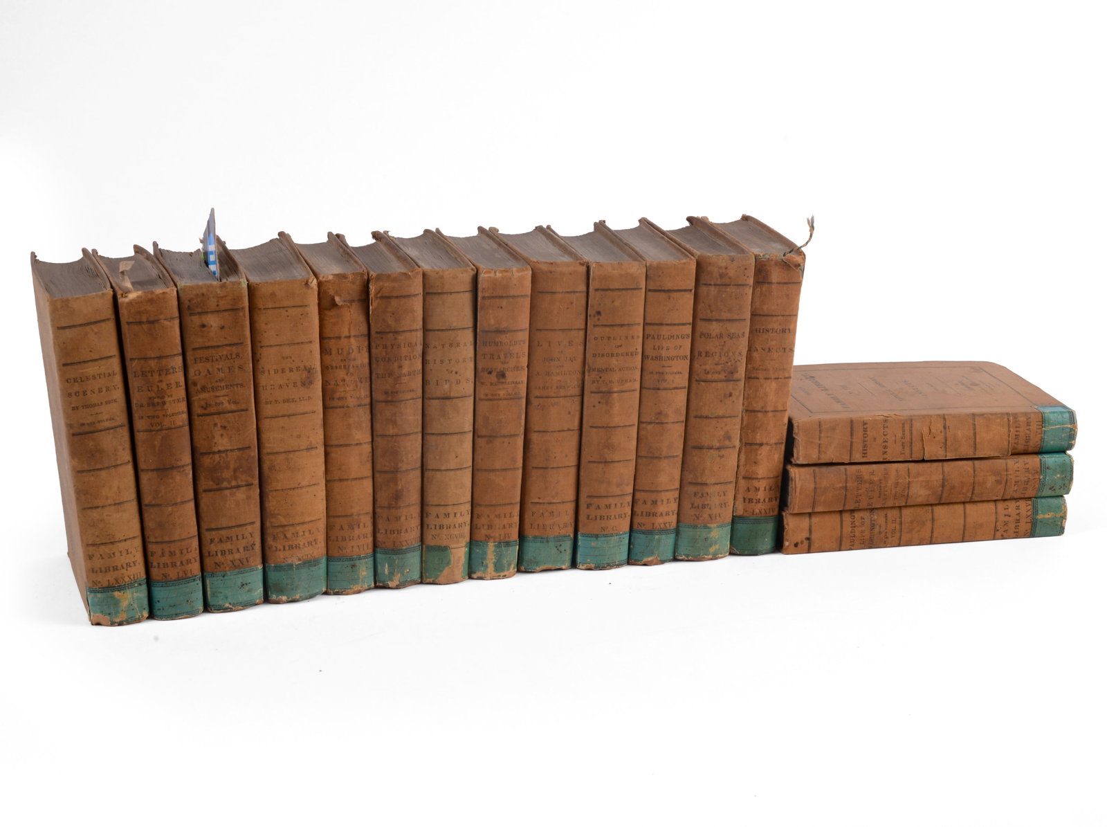 Sixteen Volumes of Harper’s Family Library.: Including volumes on Celestial Scenery, Festivals, Insects, Birds, Mental Heath and several biographies, Harper & Brothers, New York, 1835-1841. Some foxing, minor losses to spines. SHIPPING: We o