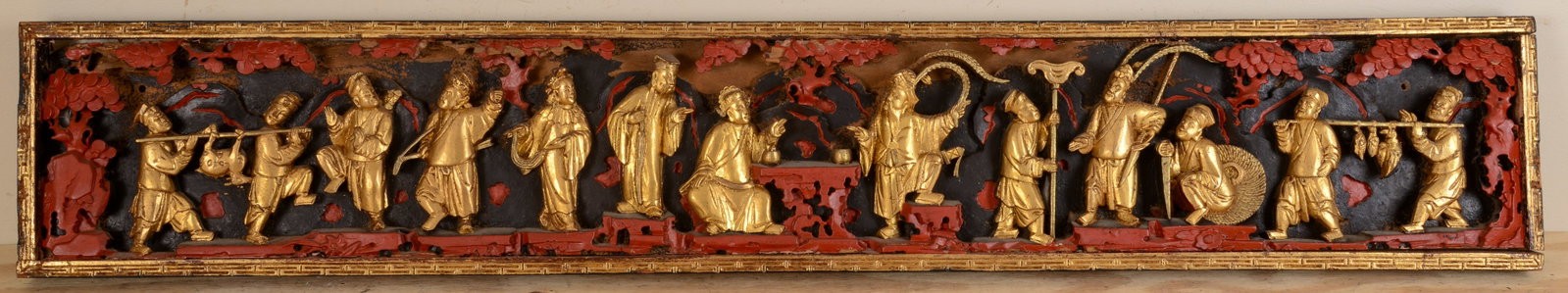 Chinese Carved and Gilded Wood Furniture Panel.: 8 x 48 inches, very good condition. SHIPPING: We offer very competitively priced in house shipping for all items in this sale. Please contact us for a quote.