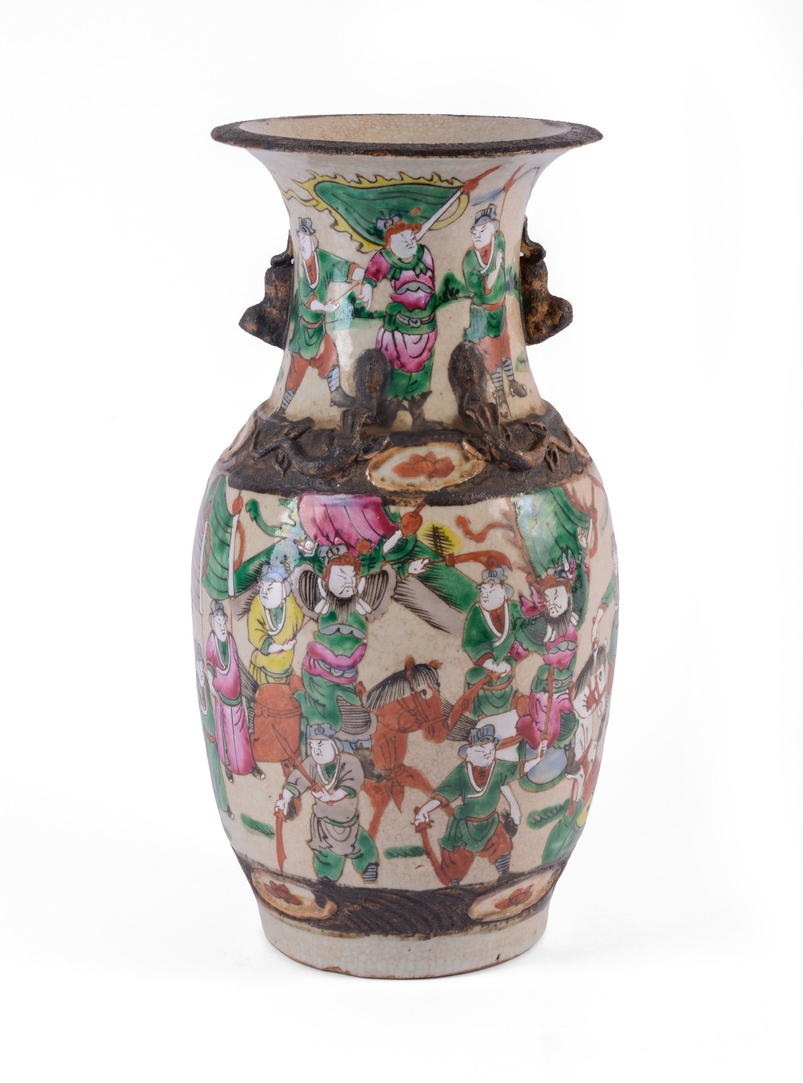 Chinese Crackle Glaze Porcelain Vase.: Depicts a gathering of warriors, foo dog handles. Chinese mark, late 19th c. Height 13 inches. Some losses. SHIPPING: We offer very competitively priced in house shipping for all items in this sale. P