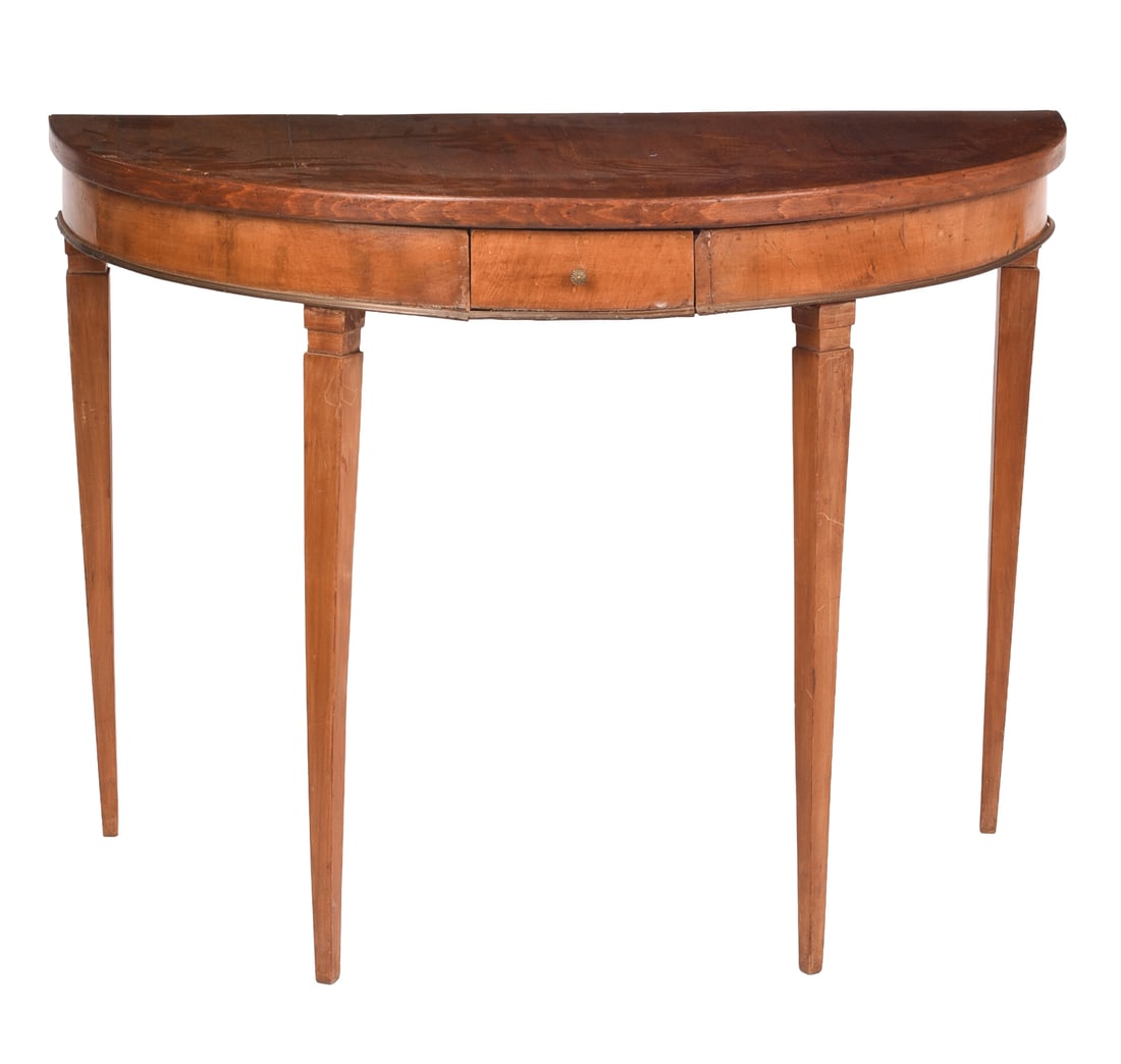 Continental Demi Lune Console Table.: Height 32 inches, width 43 inches, depth 21 inches. Some losses to veneer and surface scratches. SHIPPING: We offer very competitively priced in house shipping for all items in this sale. Please conta