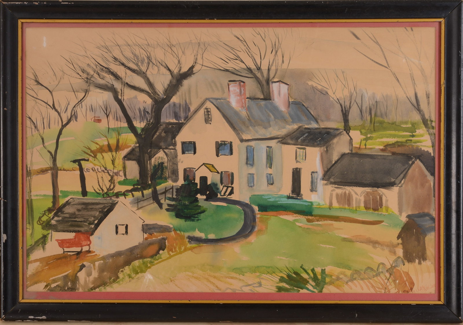 Impressionist Watercolor of a House.: Signed Alice Atkinson, lower right. Framed, 22 x 32 inches. SHIPPING: We offer very competitively priced in house shipping for all items in this sale. Please contact us for a quote.