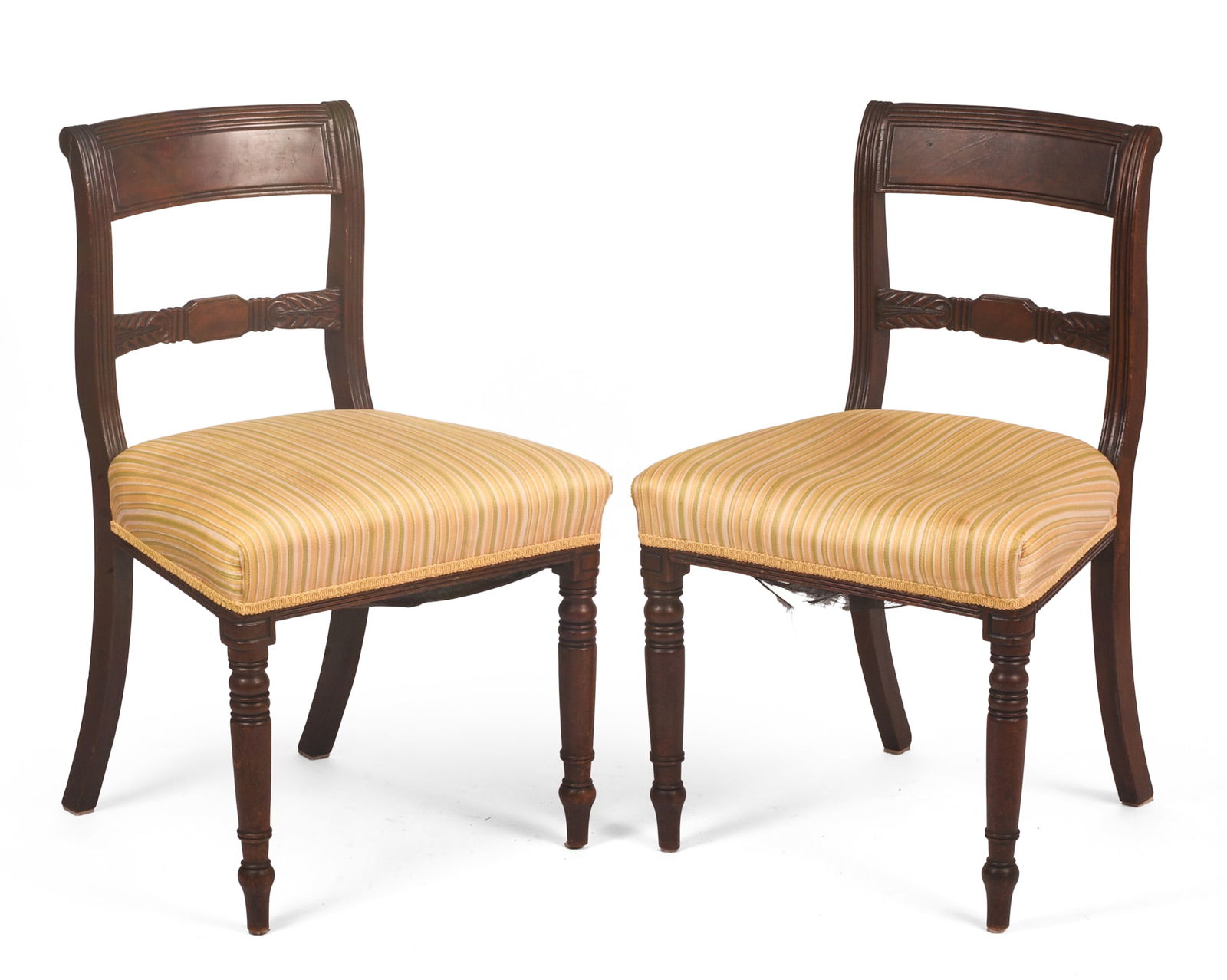 Pair of Early 19th Century Mahogany Chairs.: With carving. Height 32.5 inches, width 20 inches, depth 17 inches. SHIPPING: We offer very competitively priced in house shipping for all items in this sale. Please contact us for a quote.