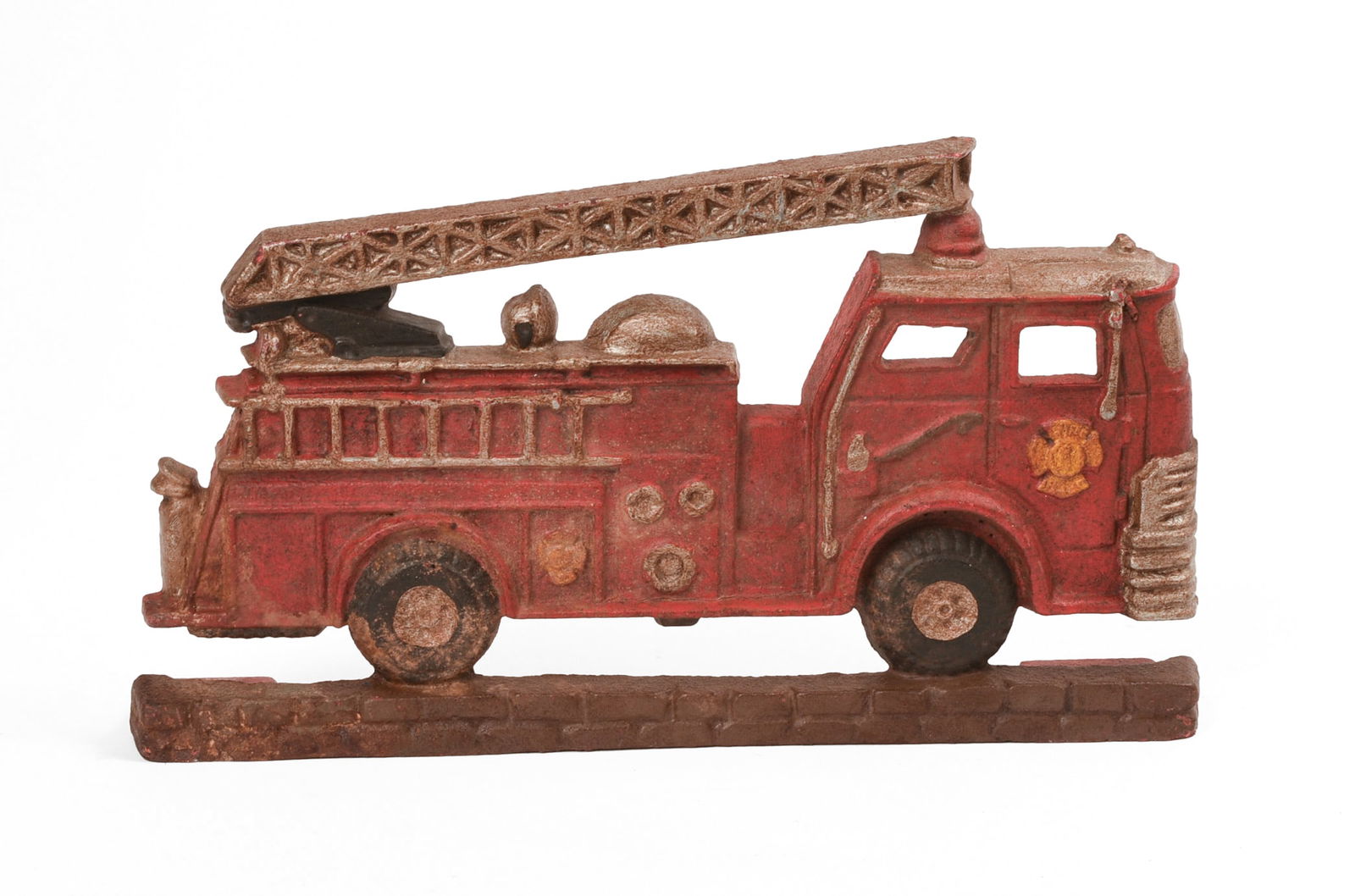 Cast Iron Fire Truck Door Stop.: Length 11.5 inches. SHIPPING: We offer very competitively priced in house shipping for all items in this sale. Please contact us for a quote.