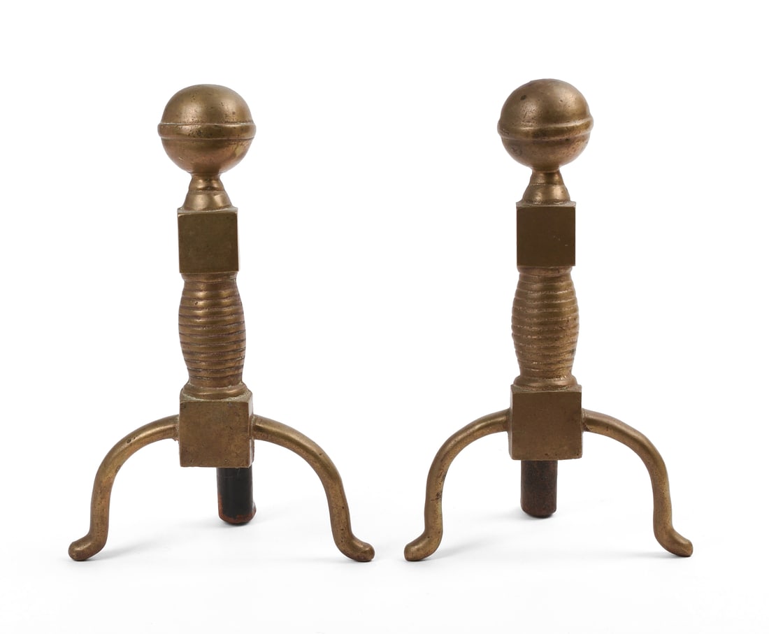 Pair of Salesman's Sample Andirons.: Height 10 inches, depth 4 inches. SHIPPING: We offer very competitively priced in house shipping for all items in this sale. Please contact us for a quote.