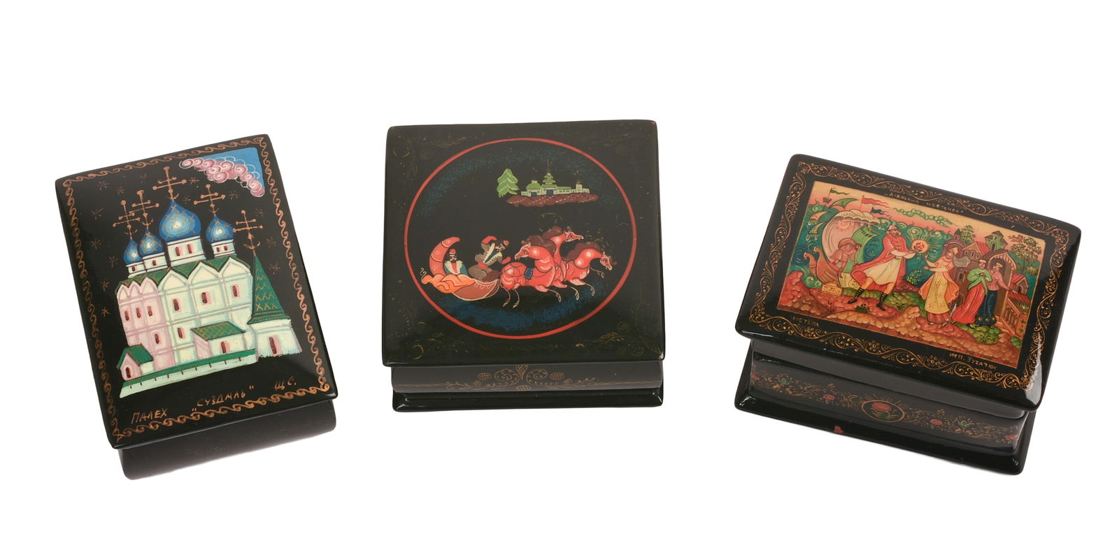 Three Russian Lacquer Boxes.: Lengths 2.25 to 2.75 inches. SHIPPING: We offer very competitively priced in house shipping for all items in this sale. Please contact us for a quote.